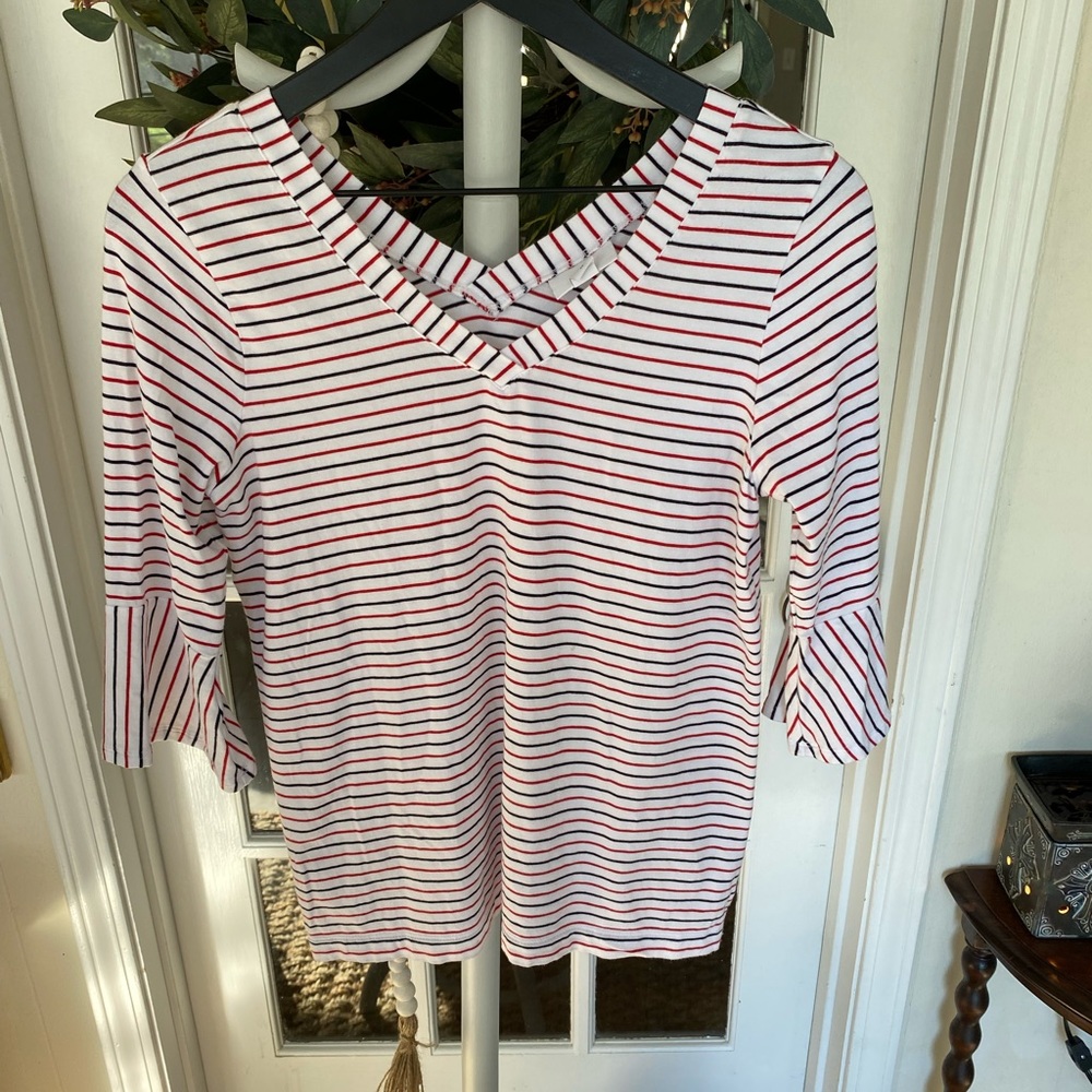 J. Jill Stripe Top Double V Neck Pima Cotton Top XS